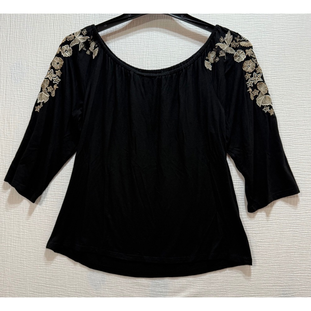 Vintage Collection Women's Black‎ Floral Embroidered Off Shoulder Top XL Boho